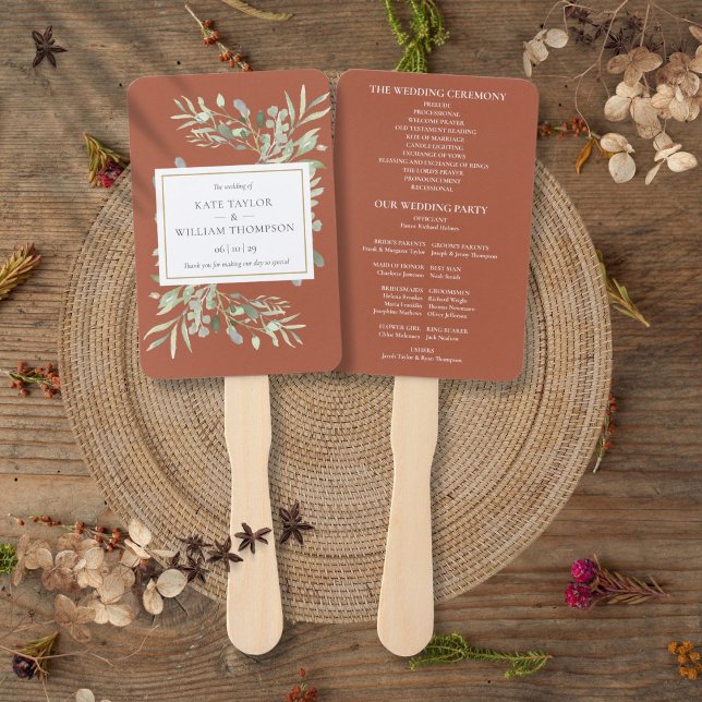 Terracotta Greenerity Wedding Program Hand Fan Fächer (Terracotta Greenery Wedding Program Hand Fan)