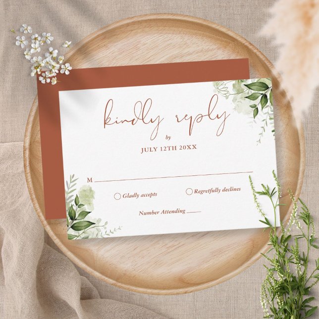 Terracotta Greenery Floral Kindly Reply Wedding RSVP Karte (Von Creator hochgeladen)