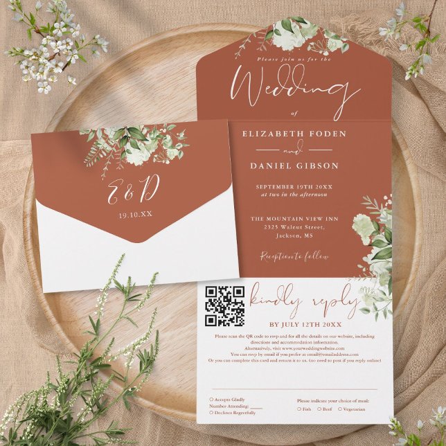 Terracotta Greenery Monogram QR Code Wedding All In One Einladung (Terracotta Greenery Monogram QR Code Wedding All In One Invitation)