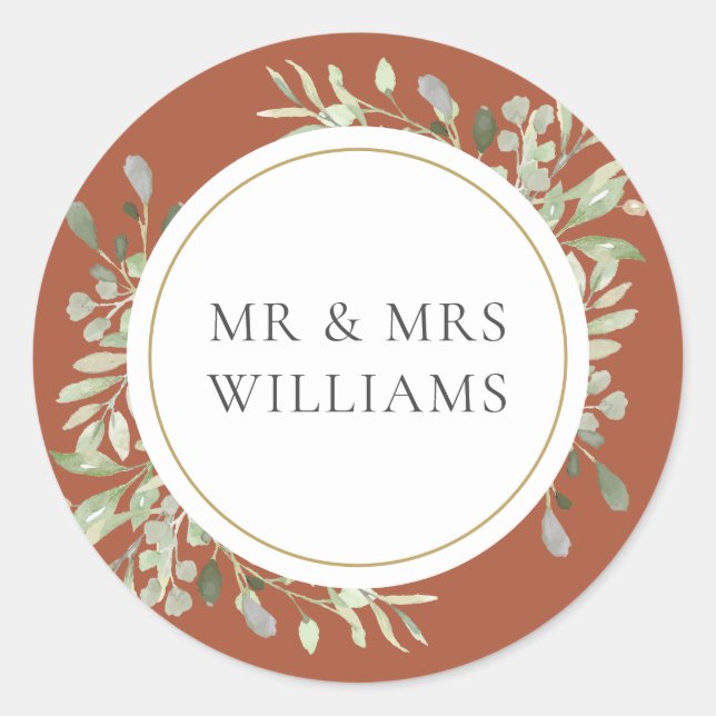Terracotta Greenery MR & MRS. Wedding Runder Aufkleber (Vorderseite)