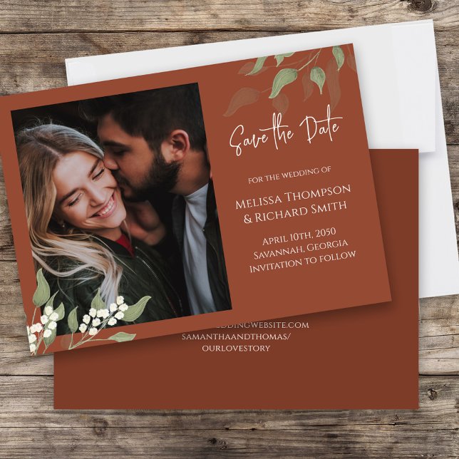 Terracotta Greenery Save the Date Photo Wedding (An elegant terracotta photo save the date double sided card)