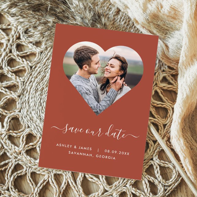 Terracotta Heart Shape Foto Wedding Save the Date (Von Creator hochgeladen)