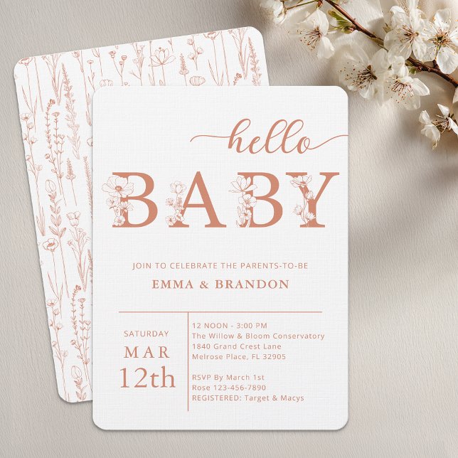 Terracotta Hello Baby Wildflower Invitation Einladung (Terracotta Baby Shower Invite)