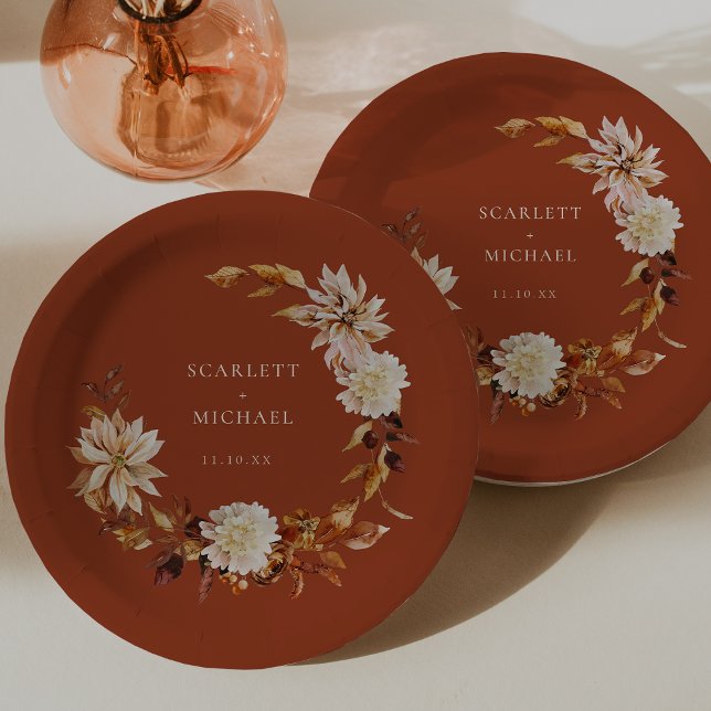 Terracotta Herbsthochzeit Pappteller (Terracotta Autumn Floral Table Decor Round Wedding Paper Plates by Painted Paperie
)
