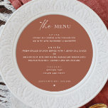 Terracotta-Hochzeit im Herbst | Elegante Minimalis Menükarte<br><div class="desc">Mit dieser eleganten, runden Terrakotta-Karte, die für das moderne bohische Paar entworfen wurde, verleihen Sie Ihrem Feiern ein warmes, erdiges Ambiente. Dieses farbenfrohe, rustikale Menü mit puristischem Design und einem prächtigen Absturzton verbindet den rustikalen Charme mit zeitgenössischem Stil. Ideal für Herbsthochzeiten, Sonnenuntergang oder Wüste inspirierte Veranstaltungen. Es ist vollständig anpassbar...</div>