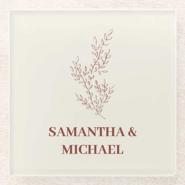 Terracotta Ivory Beige Ivy Line Blume Hochzeit Glasuntersetzer (Vorderseite)