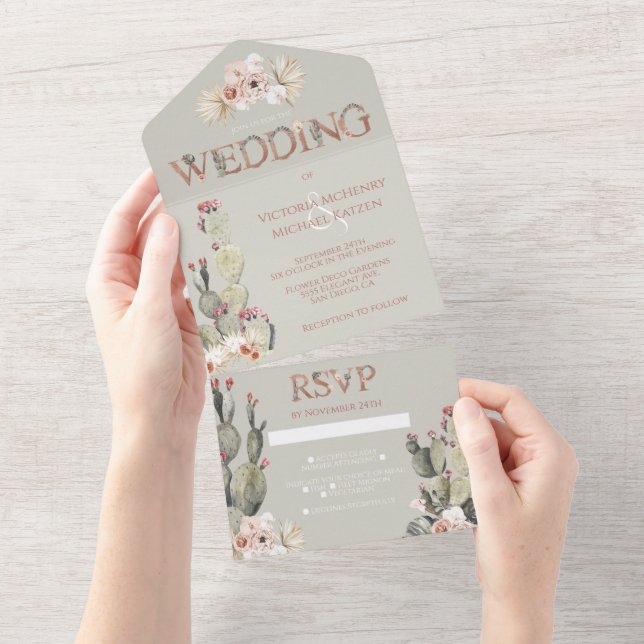 Terracotta & Khaki Cactus Wedding All In One Einladung (Abreißen)