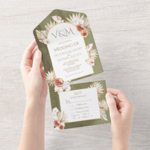 Terracotta & Khaki Palm Blätter Tropische Hochzeit All In One Einladung