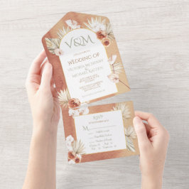 Terracotta & Khaki Palm Blätter Tropische Hochzeit All In One Einladung