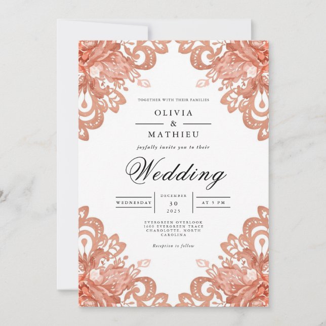 Terracotta Lace Border Wedding Einladung (Vorderseite)