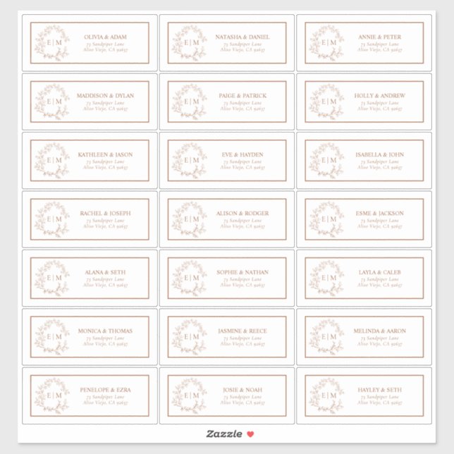 Terracotta Leafy Wappen Monogram Guest Address Aufkleber (Blatt)