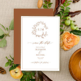 Terracotta Leafy Wappen Monogram Save the Date Einladung