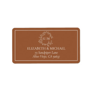 Terracotta Leafy Wappen Monogram Wedding Address Adressaufkleber