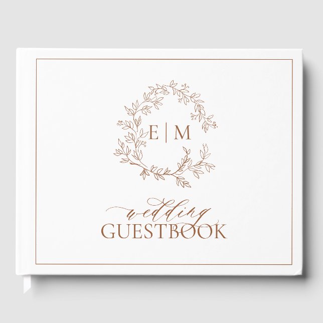 Terracotta Leafy Wappen Monogram Wedding Gästebuch (Vorderseite)