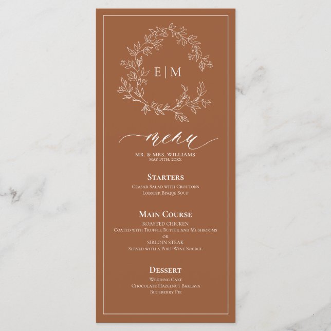 Terracotta Leafy Wappen Monogram Wedding Menu Menükarte (Vorderseite)