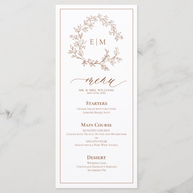 Terracotta Leafy Wappen Monogram Wedding Menu Menükarte (Vorderseite)