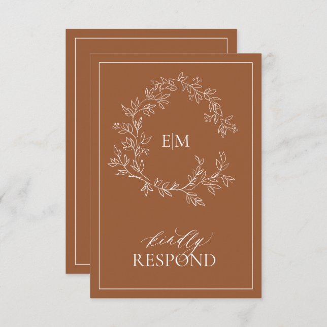 Terracotta Leafy Wappen Monogram Wedding RSVP Card (Vorne/Hinten)