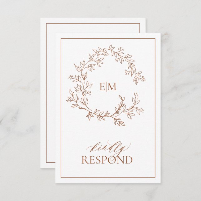 Terracotta Leafy Wappen Monogram Wedding RSVP Card (Vorne/Hinten)