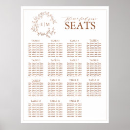 Terracotta Leafy Wappen Monogram Wedding Seating Poster