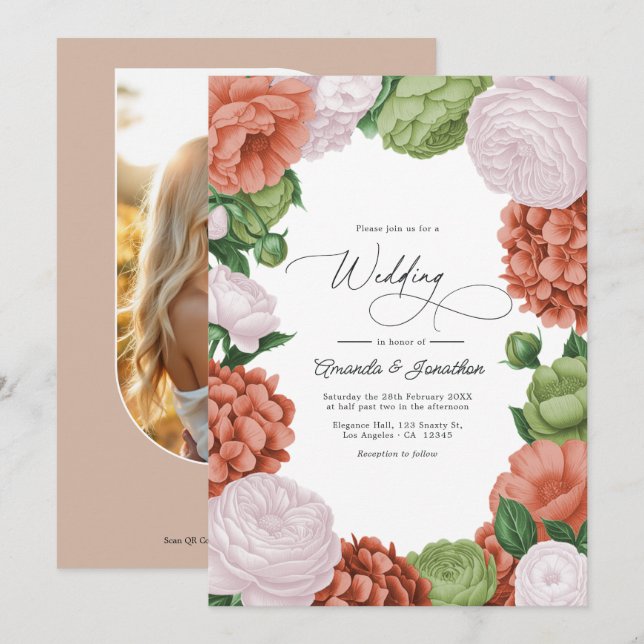 Terracotta Light Peach Olive Green Floral Wedding Einladung (Vorne/Hinten)