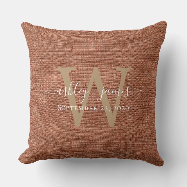 TerraCotta Linen Monogram Wedding Keepake Kissen (Vorderseite)