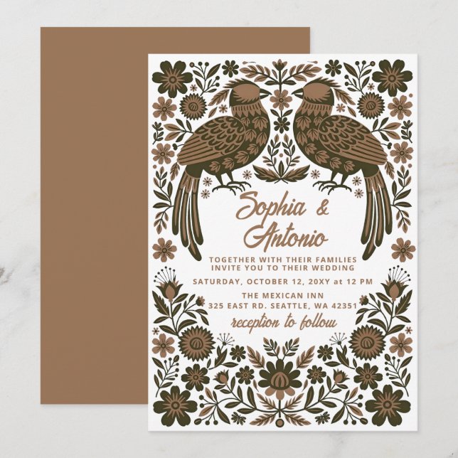 Terracotta Mexican Birds Otomi Floral Wedding Einladung (Vorne/Hinten)