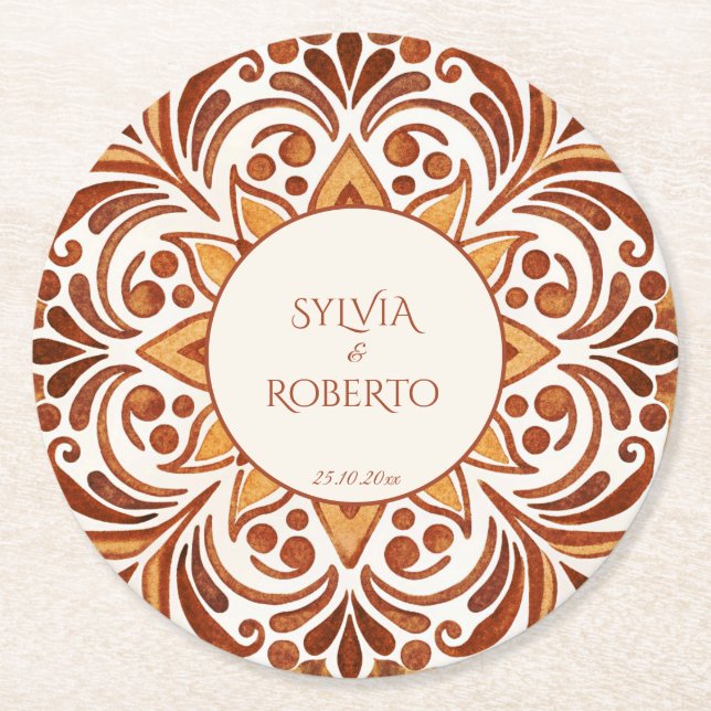 Terracotta Mexican Talavera Gastgeschenke Hochzeit Runder Pappuntersetzer (Vorderseite)
