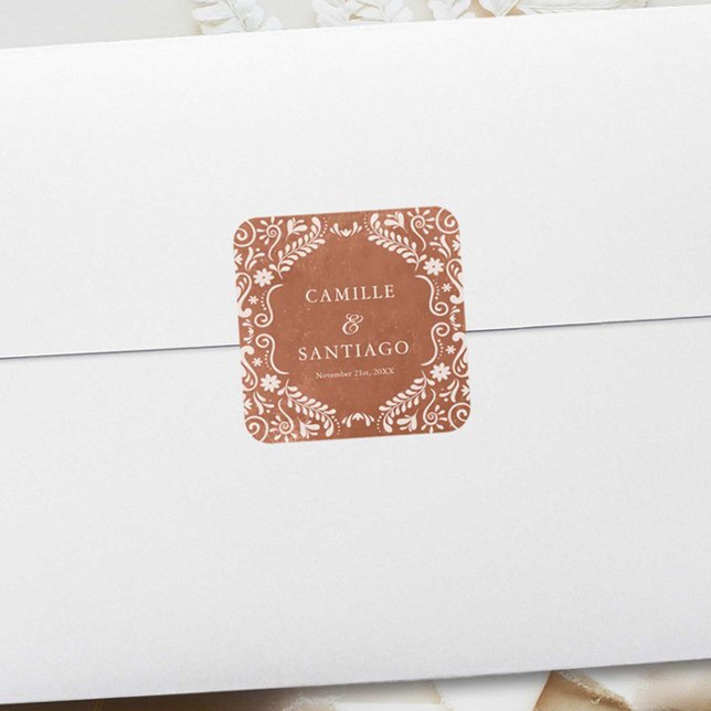 Terracotta Mexican Wedding Papado Quadratischer Aufkleber (Mexican Talavera Wedding envelope seal)