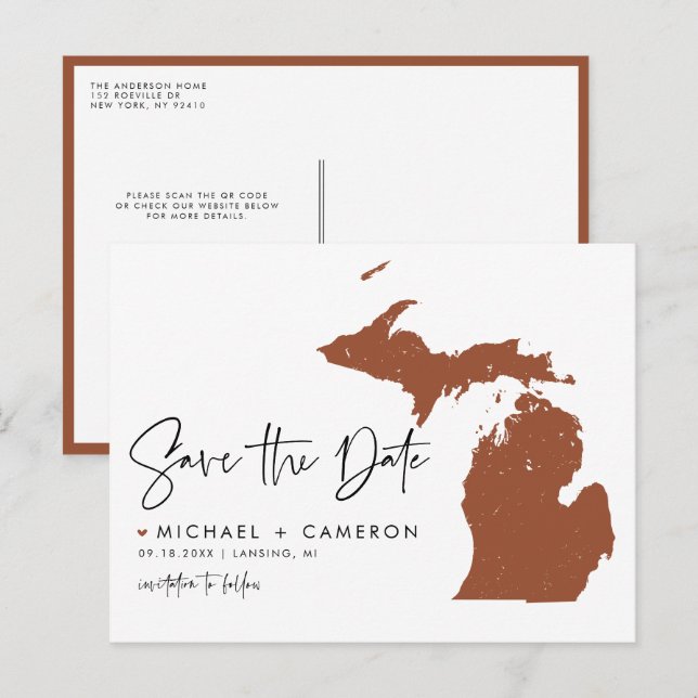Terracotta Michigan Map QR Code Save the Date Ankündigungspostkarte (Vorne/Hinten)