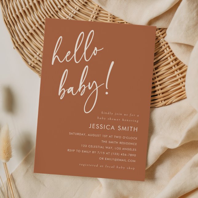 Terracotta Minimal Boho Hello Baby Shower Einladung (Von Creator hochgeladen)
