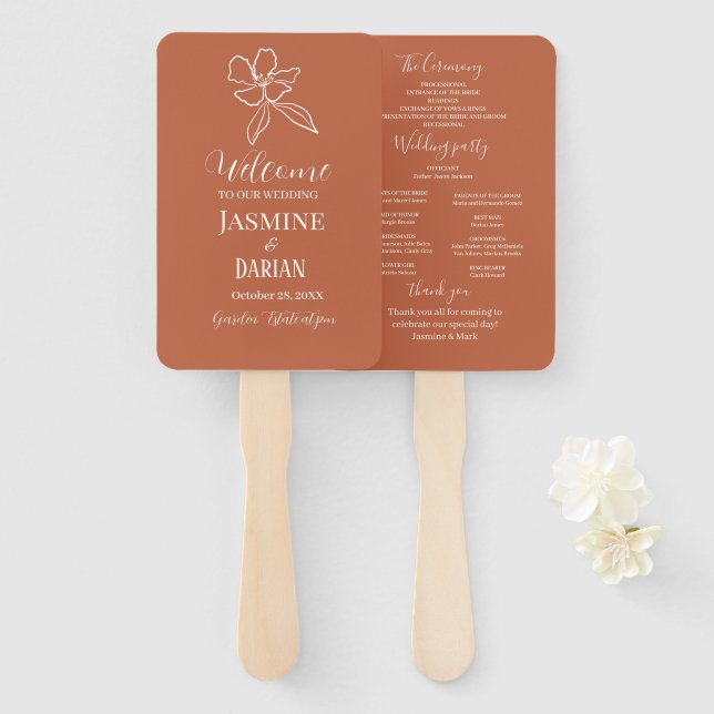 Terracotta Minimal Floral Wedding Fächer (Vorne und Hinten)