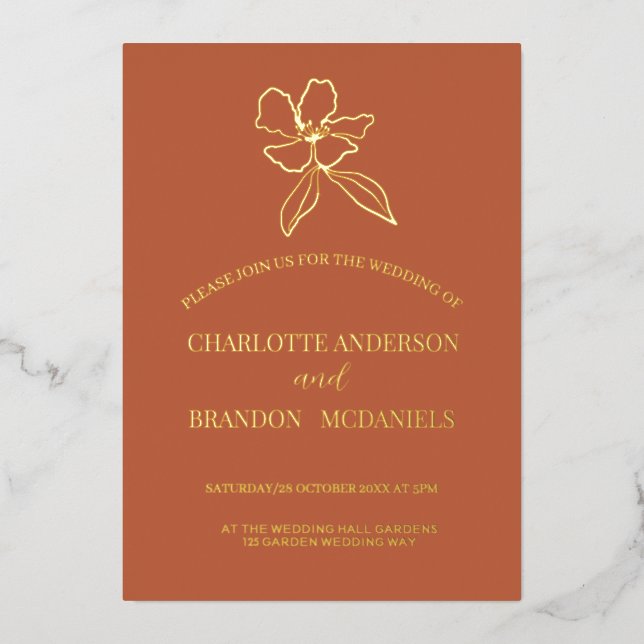 Terracotta Minimal Floral Wedding Gold Folieneinladung (Vorderseite)