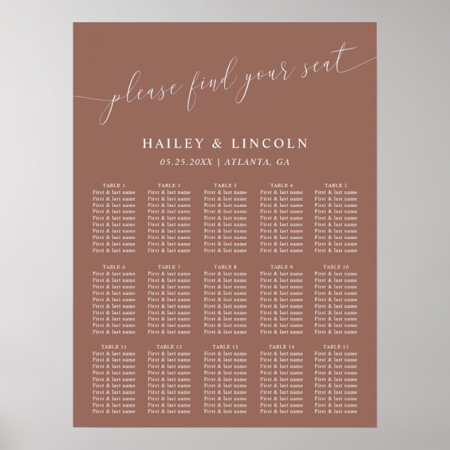 Terracotta Minimal Wedding Seating Chart Poster (Vorne)