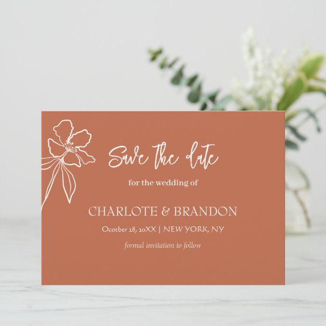 Terracotta Minimale Blumenhochzeit retten Datum Save The Date (Stehend Vorderseite)