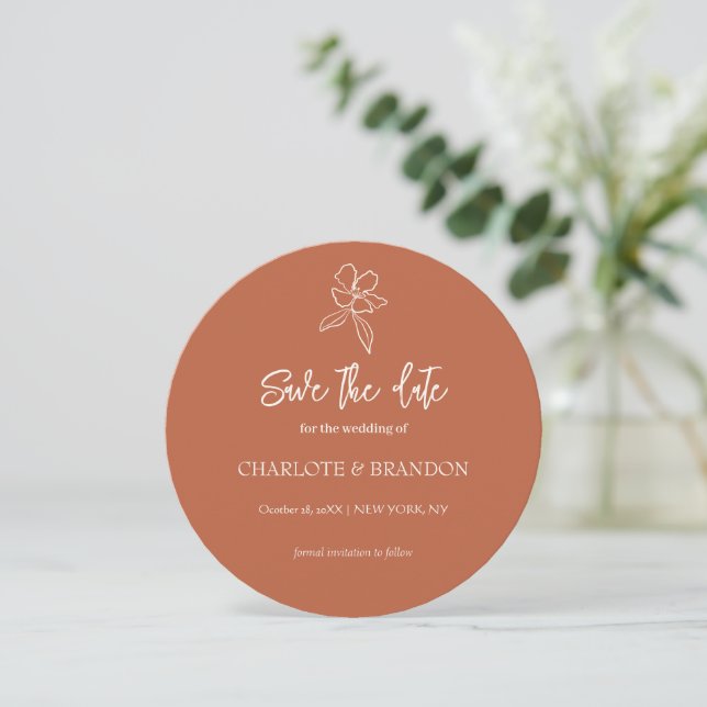 Terracotta Minimale Blumenhochzeit retten Datum Save The Date (Stehend Vorderseite)