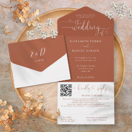 Terracotta Minimalistisch Script QR Code Wedding All In One Einladung