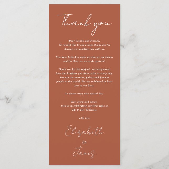 Terracotta Minimalistisch Wedding Danke Platzkarte Menükarte (Vorderseite)
