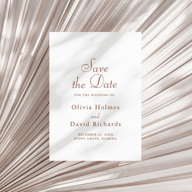 Terracotta Minimalistische Save the Date Karte (Terracotta White Minimalist Save the Date Card on a sunny white dry palm leaf.)