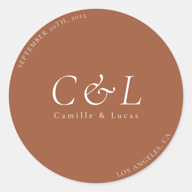 Terracotta Minimalistischer Hochzeitsticker Runder Aufkleber (Vorderseite)