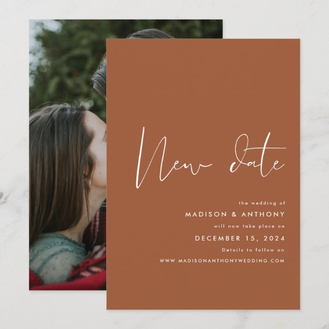 Terracotta Minimalistisches Foto Neue Hochzeit Ankündigung (Vorne/Hinten)