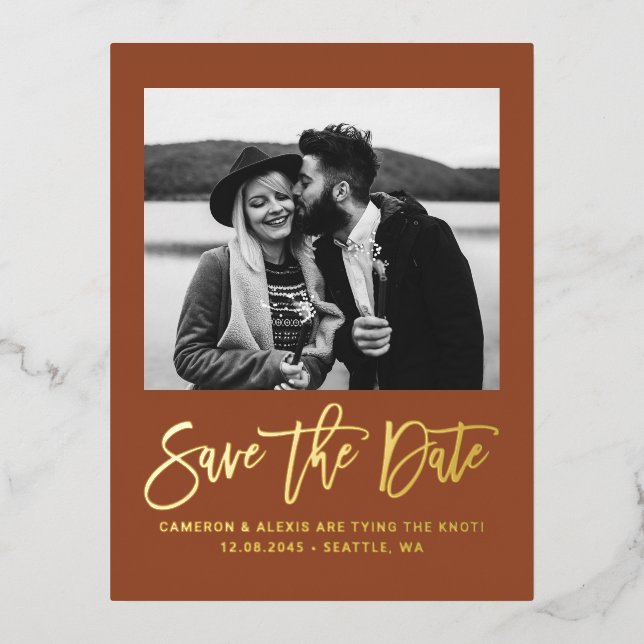 Terracotta Modern Calligraphy Photo Save the Date Folie Einladungspostkarte (Vorderseite)