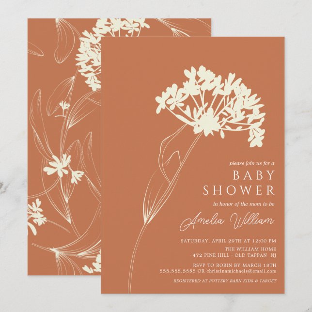 Terracotta Moderne Baby shower Floral Invitation (Devant / Derrière)