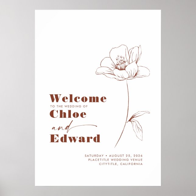 Terracotta Moderne Floral Mariage Affiche de bienv (Devant)