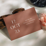 Terracotta Moderne Foto Hochzeit Save The Date<br><div class="desc">Moderne Typografie minimalistische Hochzeit Save the Date mit Foto auf der Rückseite in den Tönen Terrakotta,  braun,  verbrannt orange Farben. Bitte kontaktieren Sie mich,  wenn Sie weitere Informationen benötigen.</div>