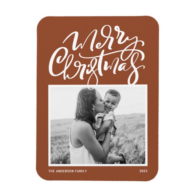 Terracotta Moderne Kalligraphie Foto Weihnachten Magnet (Vertikal)
