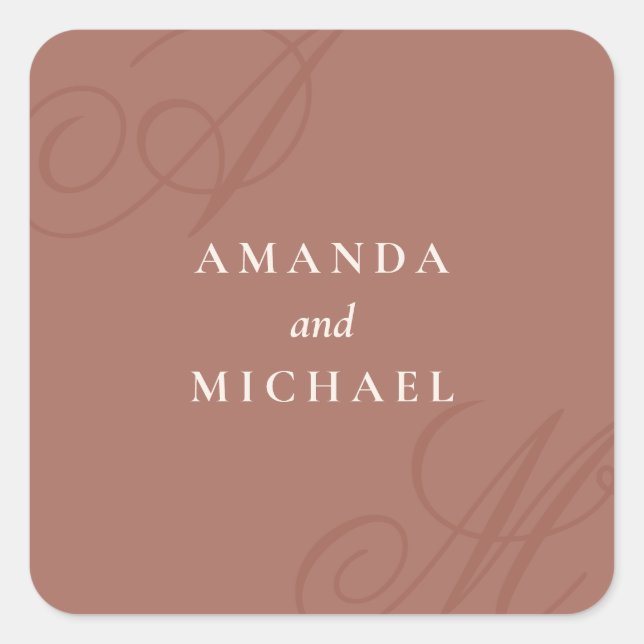 Terracotta Moderne Kante Elegante Monogram Wedding Quadratischer Aufkleber (Vorderseite)
