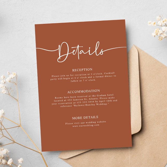 Terracotta Moderne Minimalkalligrafie Hochzeit Begleitkarte (Terracotta Modern Minimal Calligraphy Wedding Enclosure Card)