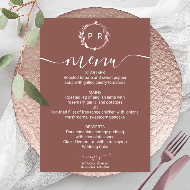 Terracotta Monogram Foto Wedding Menu Card Einladung (Von Creator hochgeladen)