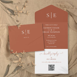 Terracotta Monogram Minimalistisch QR Code Wedding All In One Einladung