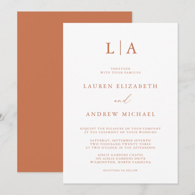 Terracotta Monogram Simple Minimalistisch Wedding Einladung (Vorne/Hinten)